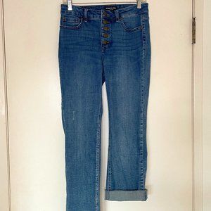 Kenneth Cole New York,  button-fly, cropped jeans. Slightly distressed look.